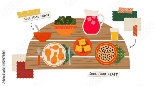 Traditional soul food feast dinner table flat lay, southern cuisine with fried chicken cornbread and greens scrapbooking vector