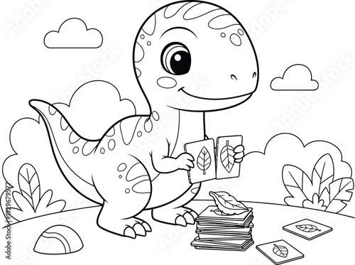 a charming cartoon dinosaur is shown reading a book and playing cards with leaves surrounded by clouds and plants high quality