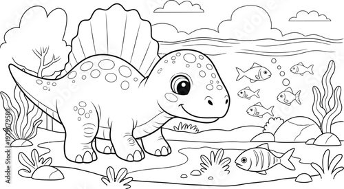 a charming black and white illustration depicts a smiling spinosaurus wading in a prehistoric aquatic environment with fish and plants