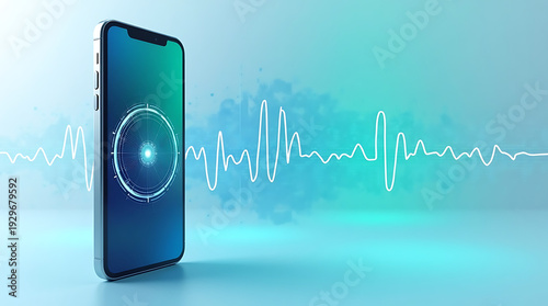 Smartphone displaying audio waveform visualization on a colorful screen background illustration
