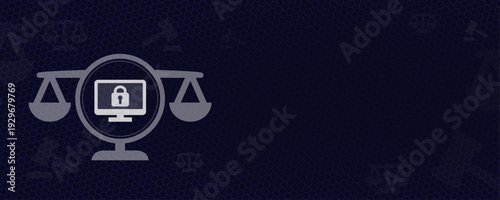 Cyber Security and Data Privacy Law Concept with Computer and Lock Icon on Scales of Justice Vektor Background with Copy Space