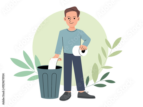 Cartoon man throwing away toilet paper roll in trash can with green leaves