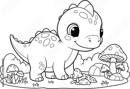 a charming black and white illustration depicts a cute baby dinosaur happily standing near colorful mushrooms in a whimsical forest scene
