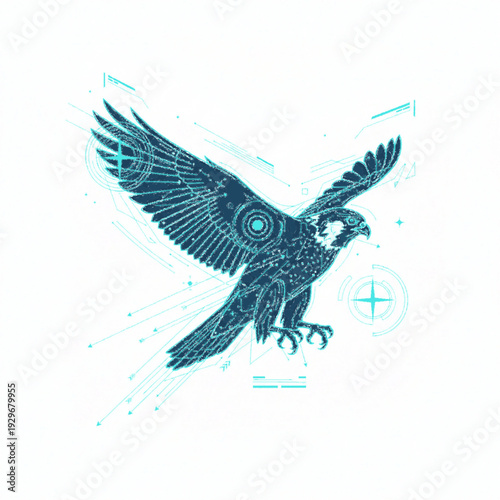 Futuristic Cybernetic Falcon Illustration with High Tech HUD Elements and Data Lines