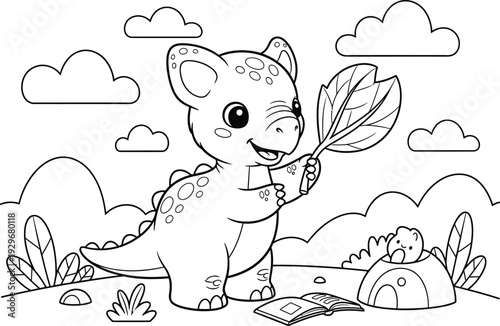 a charming cartoon illustration depicts a baby dinosaur curiously examining a leaf in a whimsical outdoor setting with clouds high quality