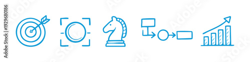 Blue hand-drawn business strategy icons featuring target, focus, chess piece, flowchart, and growth graph on a white background.