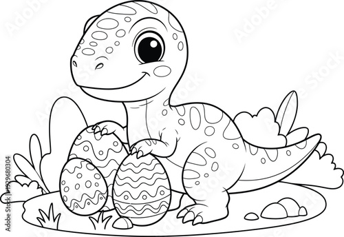 a charming black and white illustration depicts a cute baby dinosaur near speckled eggs amidst simple foliage high quality professional detailed