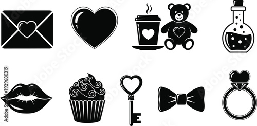 Black and white romantic icons set featuring love letter, heart, teddy bear, potion bottle, lips, cupcake, heart key, bowtie, and diamond engagement ring
