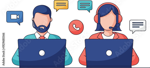 Two customer service representatives work at computers with headsets and speech bubbles, providing support.