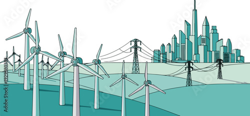 Wind turbines generate electricity in a modern cityscape via RJ Whisk Auto
