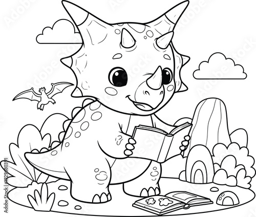 a charming illustration depicts a cute triceratops dinosaur engrossed in reading a book outdoors with clouds and landscape high quality professional