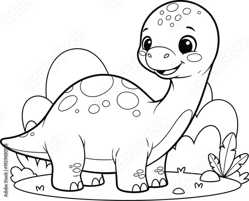 a charming illustration depicts a cute baby brontosaurus dinosaur with large eyes standing amidst greenery and foliage ready to explore