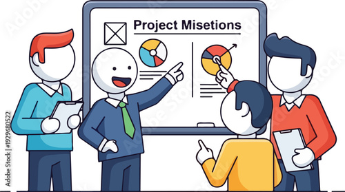 Business team presents project misetions with charts and graphs on board