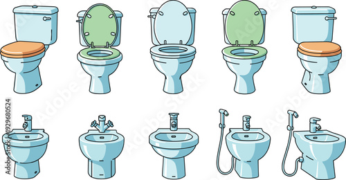 Bathroom vector illustration set featuring ceramic toilets, bidets, and hygiene plumbing fixtures with sprayers,