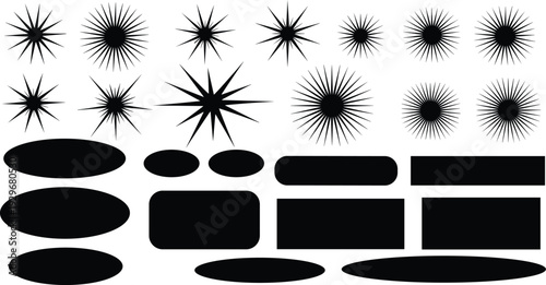 Collection of black starburst silhouettes, sunburst stickers, and basic geometric shapes like ovals and rectangles isolated on white for graphic design, advertising, and labels.