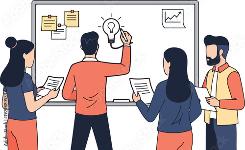 People discussing ideas on a large whiteboard with notes and graphs