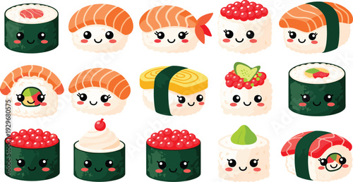 Cute kawaii sushi character vector set with salmon nigiri, maki rolls, and tamago,