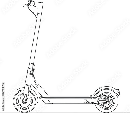 Minimalist black and white line drawing of a modern electric kick scooter isolated on white background for urban transportation, eco-friendly travel, and micromobility