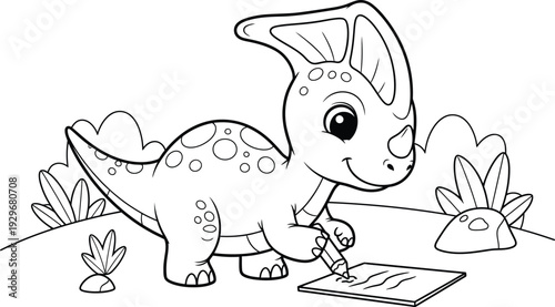a charming black and white illustration depicts a cute triceratops dinosaur diligently writing on a notepad outdoors with plants high quality