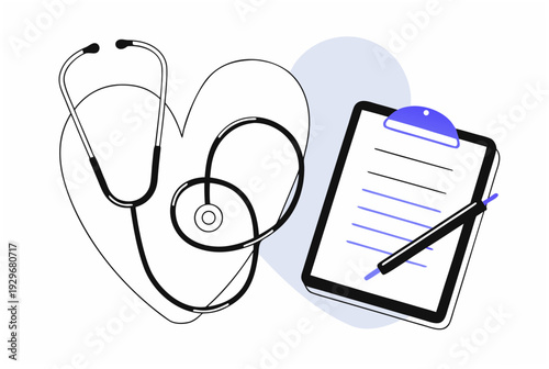 Stethoscope and heart shape, clipboard with paper and pen. Medical scribe and AI agent concept. Outline vector illustration for health design
