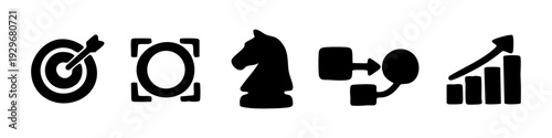 Hand-drawn set of black business icons including a target, chess knight, and growth chart, symbolizing strategy, success, and planning.