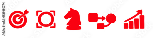 Set of red business strategy icons including a target, focus point, chess knight, process flow, and growth bar chart isolated on white background.