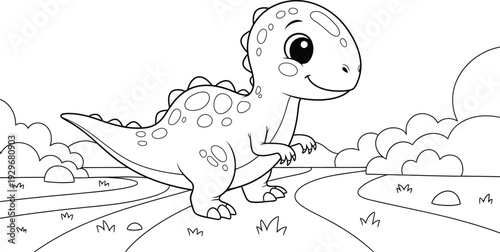 a charming black and white illustration depicts a cute baby dinosaur walking through a grassy landscape with fluffy clouds high quality