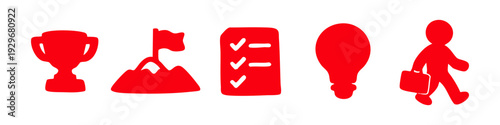 Set of red business icons featuring a trophy, mountain flag, checklist, lightbulb, and professional person with a briefcase on white background.