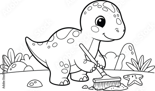 a charming illustration depicts a cute baby dinosaur tidying up the beach with a broom and bucket high quality professional detailed