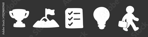White hand-drawn business icons representing success, goals, and creativity on a dark grey background. Includes trophy, mountain, and professional.
