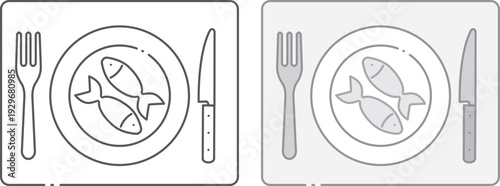 Sea food icons set in line and solid color style with editable stroke isolated on transparent background. Food symbols suitable for restaurant menus, food apps, packaging and culinary infographics.