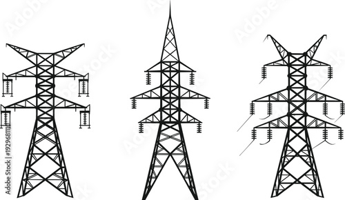 High voltage electric power transmission tower vector set, industrial electricity pylons for energy supply,
