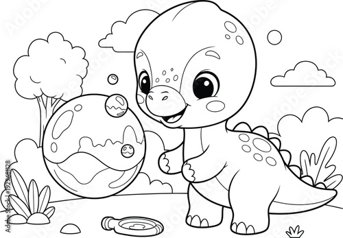 a charming cartoon depiction of a baby dinosaur playfully interacting with a colorful beach ball in a serene outdoor scene