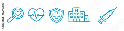 Set of blue hand-drawn medical icons including heart, hospital, syringe, and shield. Minimalist doodle style for healthcare and wellness concepts.