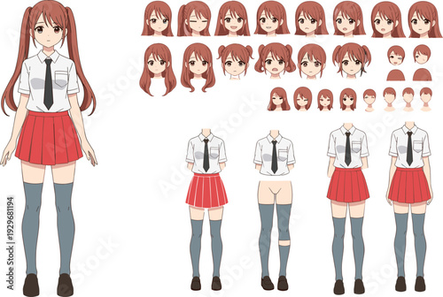 Anime school girl character creation kit with various facial expressions, hairstyles, and school uniform