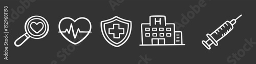 Set of hand-drawn medical icons on a dark background including heart, pulse, shield, hospital, and syringe doodles.