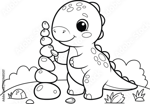 a charming illustration depicts a cute baby dinosaur carefully stacking rounded stones into a tower amidst leafy foliage high quality professional
