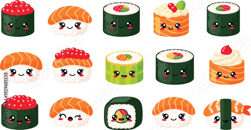 Kawaii sushi character vector set with salmon nigiri, maki rolls, and cute faces,