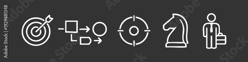 Business strategy and planning line icons set on dark background featuring target, flowchart, chess knight, and businessman for corporate success.