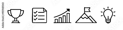 Hand-drawn business icon set featuring trophy, checklist, growth chart, mountain goal, and lightbulb symbolizing success, ideas, and achievement.
