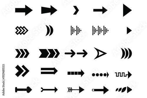 Collection different arrows sign. Black vector arrows icons. Modern simple arrows. Vector illustration. Arrow icon set for forward click buttons, web design arrow navigation and apps elements.