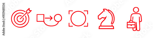 Set of five red outline business icons representing strategy, planning, goals, and professional success on a white background.