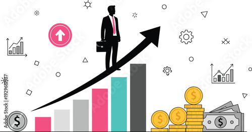 Businessman standing on rising bar graph with money and upward arrow