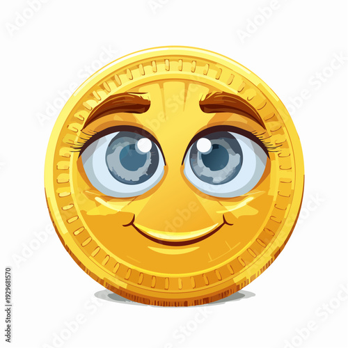 A smiling gold coin with a cartoonish face and wide eyes.