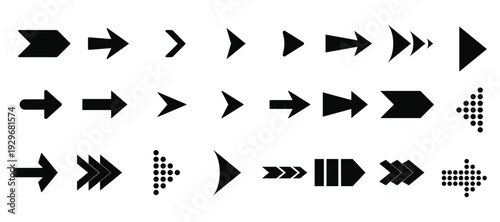 Collection different arrows sign. Black vector arrows icons. Modern simple arrows. Vector illustration. Arrow icon set for forward click buttons, web design arrow navigation and apps elements.
