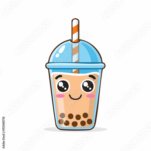Cartoon bubble tea drink with straw and smiling face.