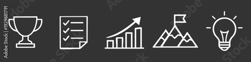 Set of five white line business icons including a trophy, checklist, growth chart, mountain flag, and light bulb on a dark background.