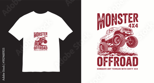 Monster offroad 4x4 truck t-shirt design with jumping vehicle and grunge texture