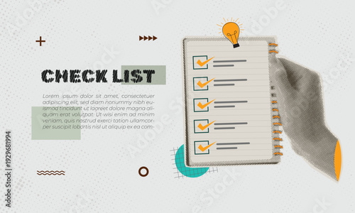 Art collage check marks on paper sheet, checklist. Concept of completing a task for the day