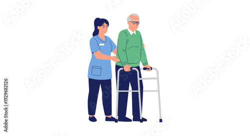 Caregiver Assisting Senior Man with Walker Illustration: Elderly Home Healthcare Support